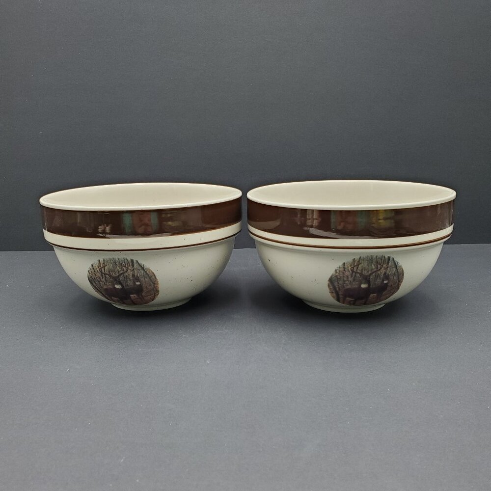 Cabela's Whitetail Buck Soup Cereal Bowls Folkcraft Stoneware Deer Serving Bowls